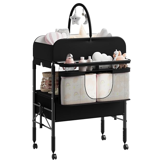 GarveeHome Baby Changing Table with Storage, Portable Foldable Diaper Changing Station with 2 Storage Baskets, Height Adjustable Waterproof Changing Table for Infant and Newborn