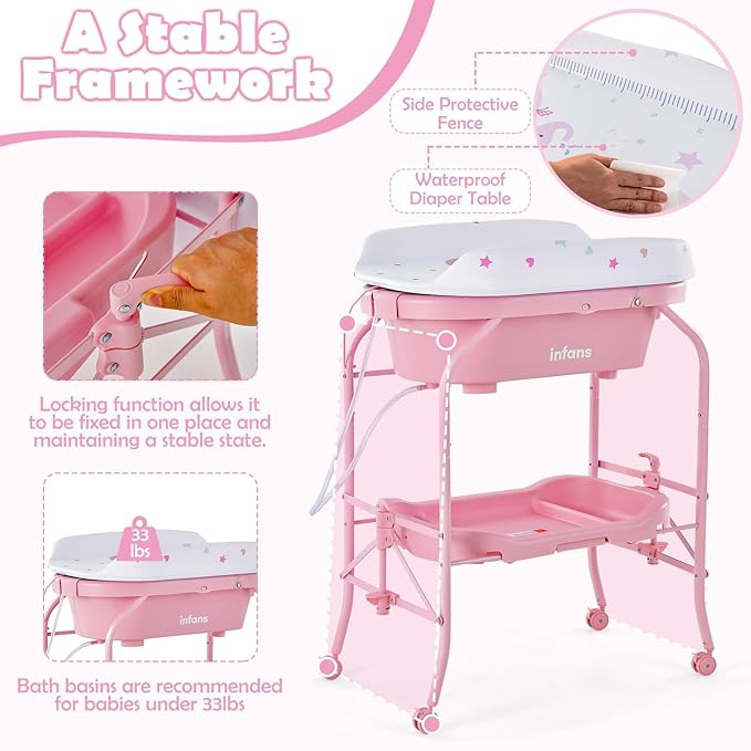 INFANS 2 in 1 Baby Changing Table with Bath Tub Unit, Folding Diaper Dresser Station with Wheels Waterproof Pad Storage Rack, Portable Nursery Organizer Stand for Newborn Infant