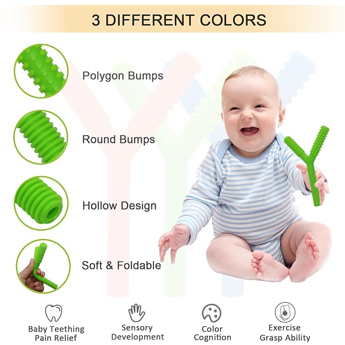 Hollow Teething Tubes Toys for Babies Girls Boys, 5 Pack Silicone Baby Teether Toy Tube for Infants with Nursing Biting Chewing, Chew Straws for Toddlers 6-12 Months (Style C)