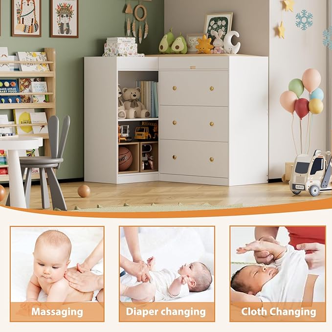 Corner Baby Changing Table Dresser,Dresser for Nursery with 3 Drawers and 2 Shelves,Multi-Functional Baby Changing Table,Changing Station Organizer for Bedroom,White