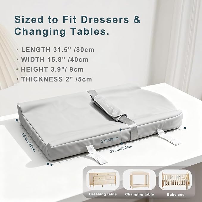 Wipeable Baby Changing Pad for Dresser, Portable Changing Pad with Restraining Belt, Soft & Non-Slip Waterproof Lightweight Changing Table Pad, Easy to Clean for On The Go Diaper Change (Gray)