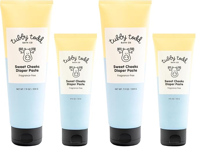 TUBBY TODD Sweet Cheeks Diaper Paste - Diaper Rash Cream with 14% Zinc Oxide - Hypoallergenic - For Soothing and Protecting Sensitive Skin - 4 Pack, 4oz & 7.9oz