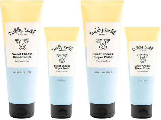 TUBBY TODD Sweet Cheeks Diaper Paste - Diaper Rash Cream with 14% Zinc Oxide - Hypoallergenic - For Soothing and Protecting Sensitive Skin - 4 Pack, 4oz & 7.9oz