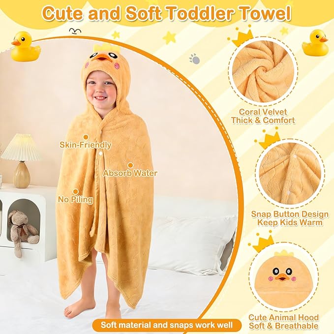 4 Pcs Toddler Bath Towel Set, 1 Pc Toddler Hooded Towel & 3 Pcs Baby Washcloths, Large 27.5"X55" Hooded Towels Kids, Absorbent Soft Thick Toddler Towels for Boy Girl 0-5 Year (Yellow Duck)