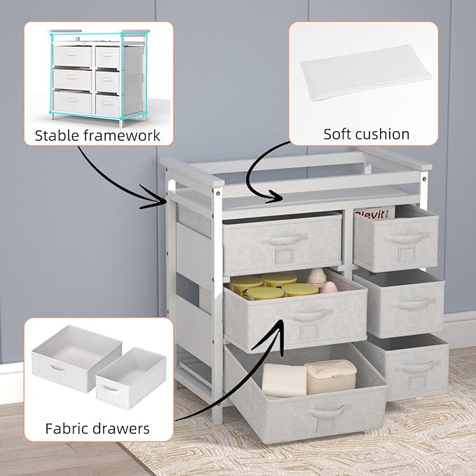 XJD Baby Changing Table with 6 Storage Drawers and Pad Baby Changing Station, Diaper Changing Station(White)