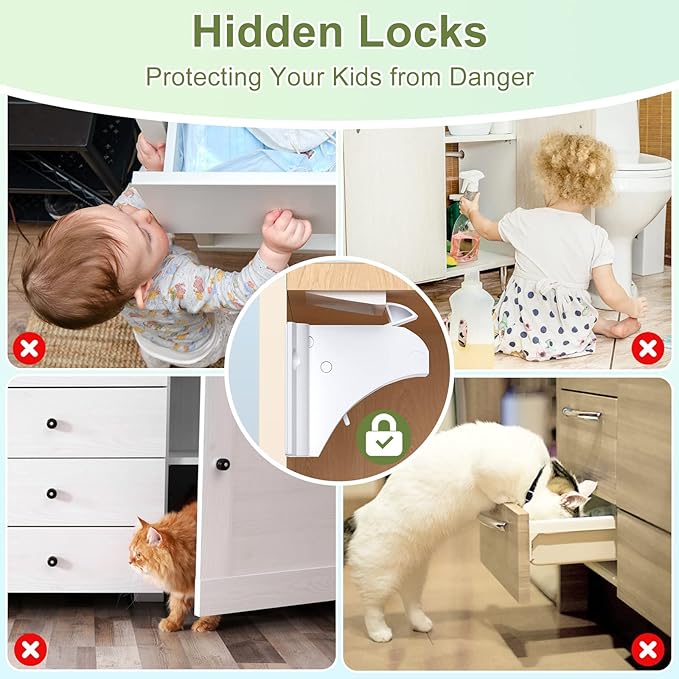 Child Safety Magnetic Cabinet Locks, AOSITE 6 Pack+2 Keys Baby Proofing Magnetic Drawer Locks for Kitchen, Cabinet Lock Baby Proofing with Adhesive No Drill, 4 Baby Safety Cabinet Locks for Knobs