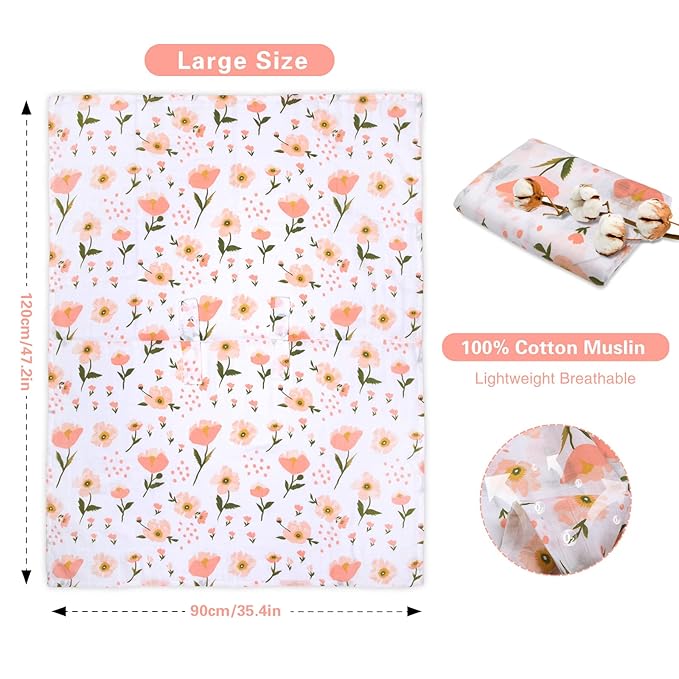 Muslin Car Seat Cover for Babies, Metplus Breathable Infant Carseat Cover Lightweight Baby Carrier Cover for Girls Boys, Fit Spring Summer/Hot Days/Warm Weather, Pink Floral