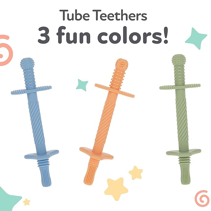 Nuby Sensory Silicone Tube Teethers - (3 Pack) Textured Infant and Baby Teether Toys - 3+ Months - Orange, Blue, and Green