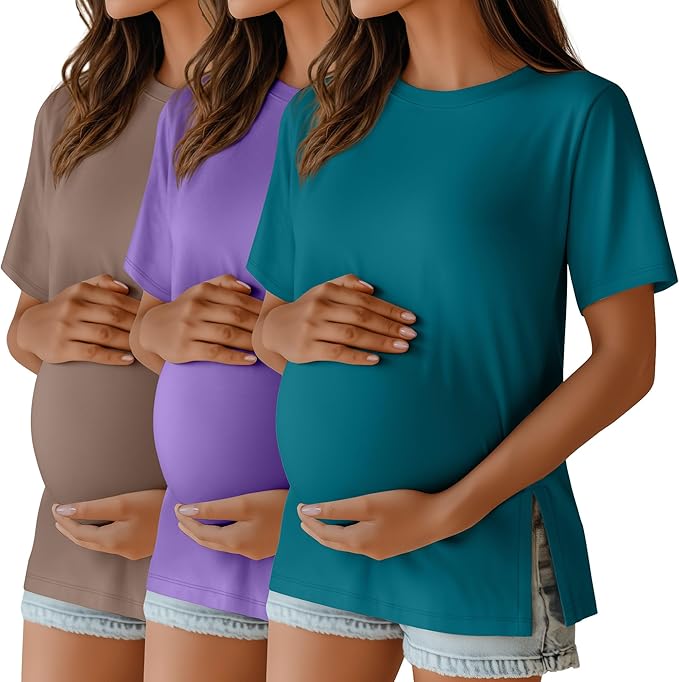 Ficerd 3 Pack Women's Maternity T Shirts, Short Sleeve Side Split Pregnancy Tops Casual Crew Neck Pregnant Tees Mama Clothes