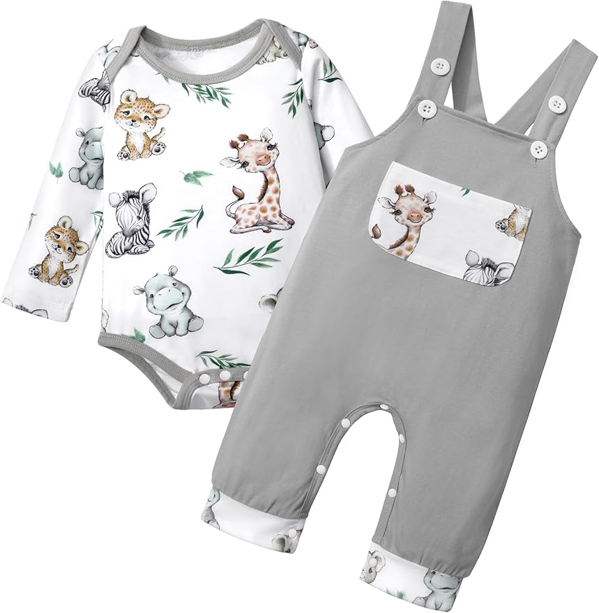 Baby Boy Clothes Long Sleeve Animal Plaid Romper + Overalls Infant Boy Clothes 2PCS Fall Winter Outfits