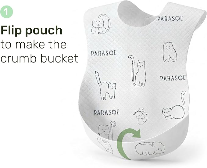 PARASOL Disposable Bibs, Soft-Absorbent Top Layer with Leak-Resistant Waterproof Backing, Built-In Crumb Catcher, Hypoallergenic, Disposable Bibs for Toddlers and Babies, 4 Boxes (20 Each), 80 Count