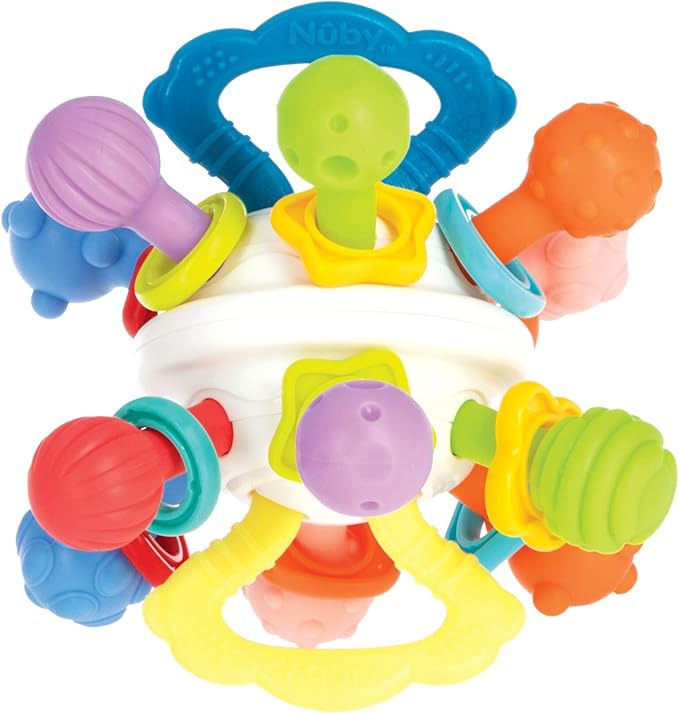 Nuby Twist Ball Teether Activity Toy with Rattle and Fun Bright Colors - Montessori Sensory Toy Develops Fine Motor Skills - 3 + Months