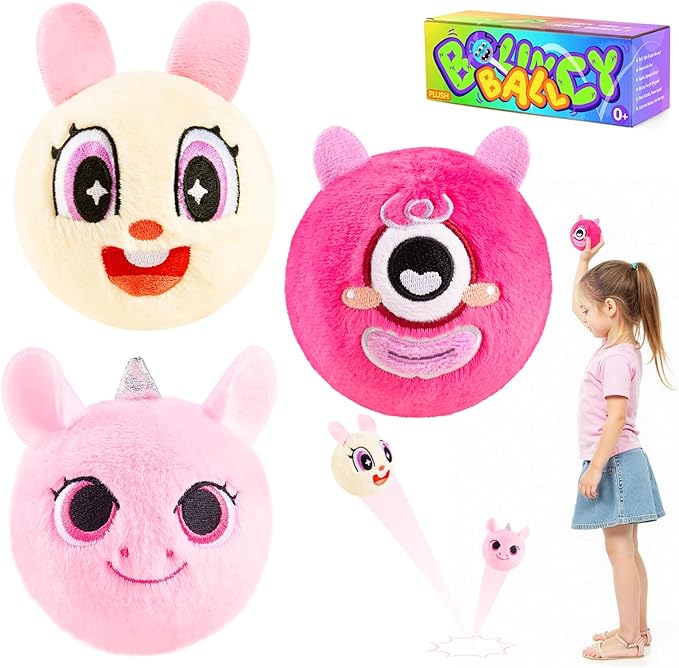 ZOOJOY 3 Pcs Plush Bouncy Balls for Toddlers and Kids, 3-Inch High Bounce Sensory Toys Featuring Unicorn, Bunny & Monster, Soft Game Balls Gift for Girls 6 Months+, Indoor & Outdoor Play