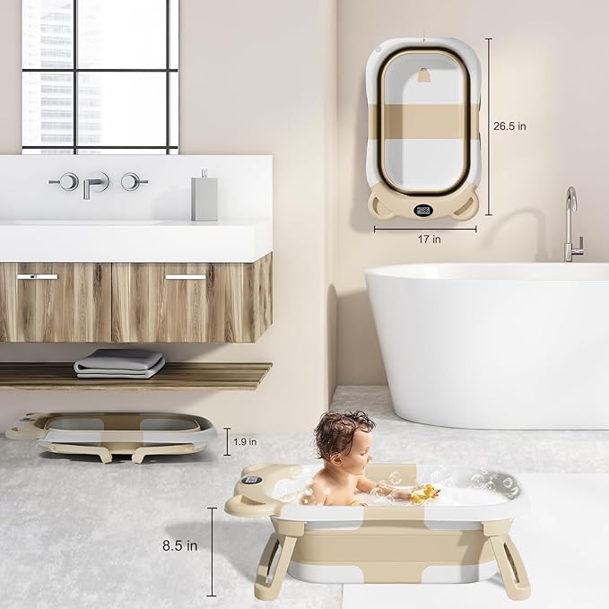 TPN Collapsible Baby Bathtub, Baby Bath Tub with Soft Cushion & Real-Time Thermometer, Baby Bathtub Infant to Toddler Tub (0-36 Months), Portable Newborn Travel Bath Tub