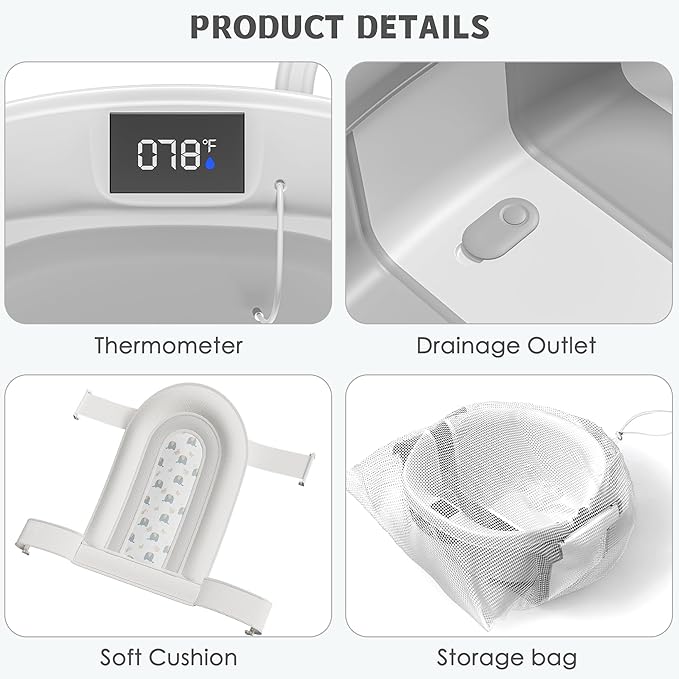 Collapsible Baby Bathtub for Newborn to Toddler 0-36 Months, Spacious Foldable Infant Bath Tub with Thermometer, Cushion & Drain Hole, Portable Travel Tub Grey