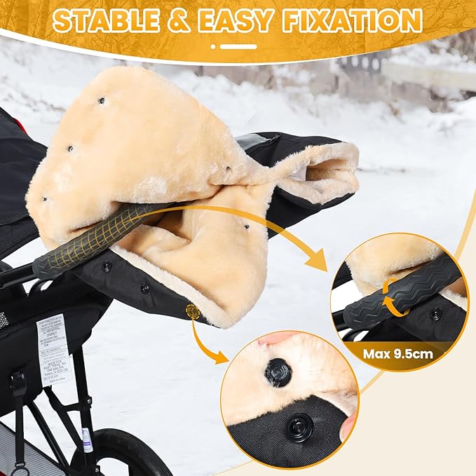Orzbow Faux Sheepskin Gloves for Stroller with Phone Pockets, Winter Extra Thick Mittens for Baby Stroller, Cozy & Warm, Anti-freeze Hand Muff Easily Attaches to Stroller for Parents Caregivers, Black