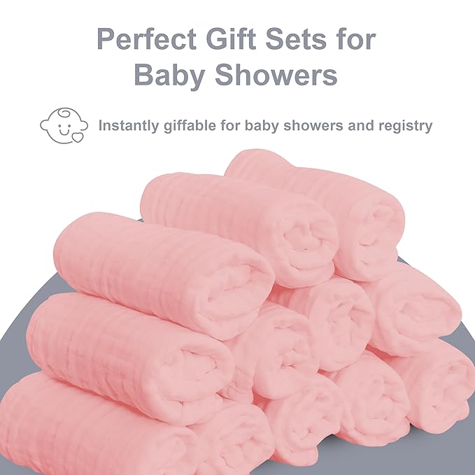 SWEET DOLPHIN 12 Pack Baby Muslin Washcloths - Soft Face Cloths for Newborn, Absorbent Bath Wash Cloths, Wipes, Burp Rag - Toddlers Essentials Stuff, Baby Registry as Shower -10"x10", Pink