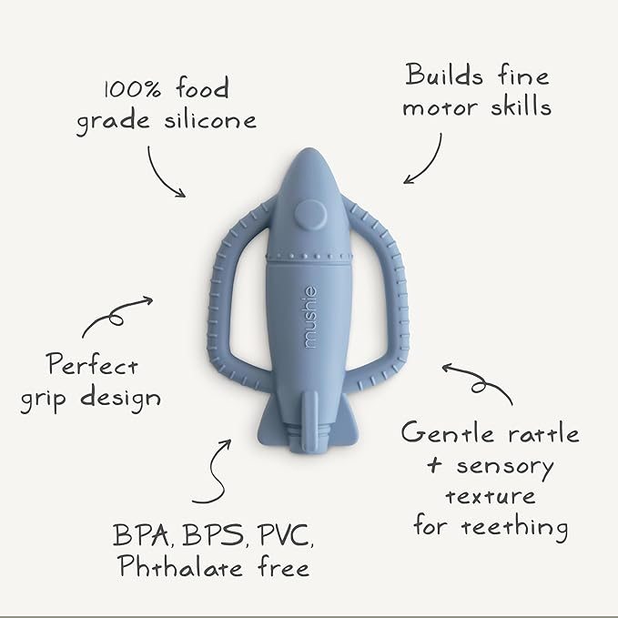 mushie Silicone Baby Rocket Rattle Teether Toy