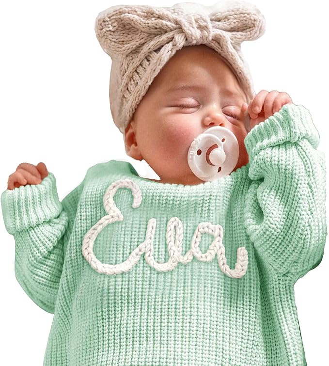 Personalized Baby Knit Sweater, Custom Baby Sweater with Hand-Embroidered Name and Monogram, Customized Unique Gift for Baby