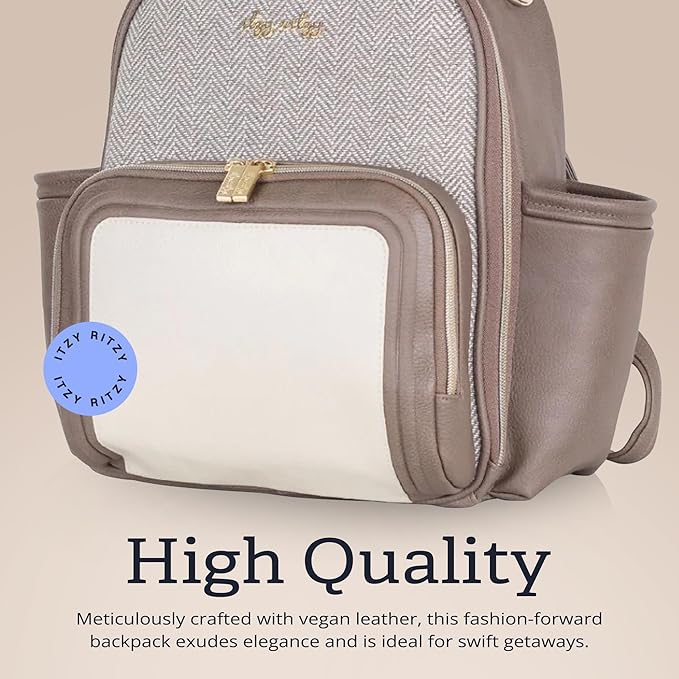 Itzy Ritzy Mini Diaper Bag Backpack – Chic, Compact Mini Plus Backpack with Changing Pad, 10 Pockets (6 Internal, 4 External), Grab-Top Handle & Rubber Feet (Vanilla Latte)