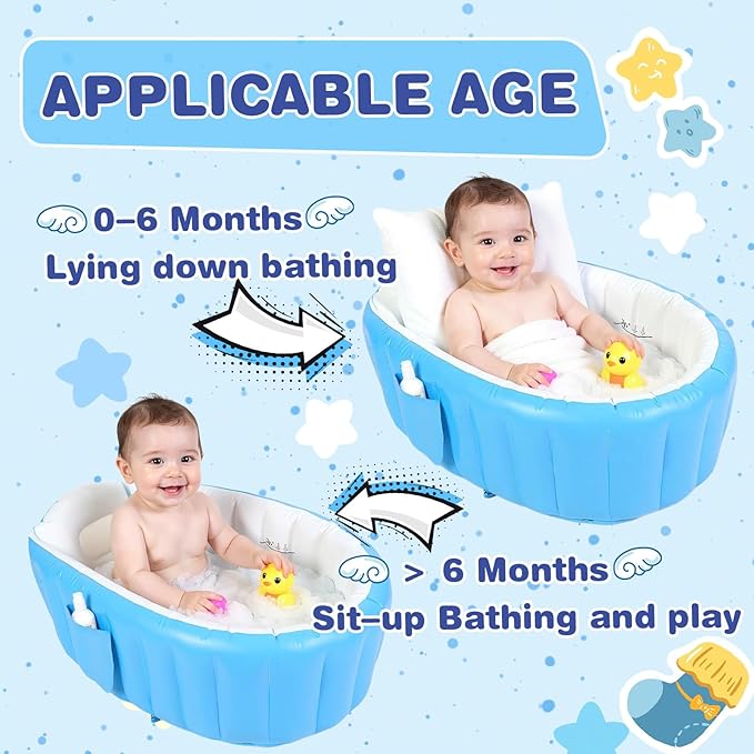 Inflatable Baby Bathtub, Collapsible Safe Baby Bath Tub, Portable Travel Shower Basin with Built-in Air Pump, Newborn to Toddler Bath Tub, Deflates and Folds Easily, Non-Slip (Blue)
