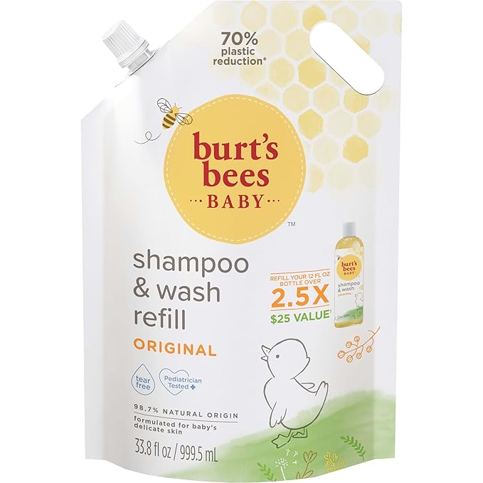 Burt's Bees Baby Shampoo & Baby Wash Refill, Original Scent, Plant Based Formula, Tear Free, Pediatrician Tested, Natural Origin, Gently Cleans Sensitive Skin and Hair, 33.8 Fl Oz
