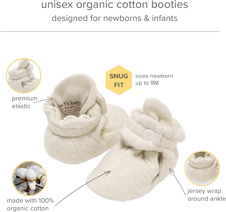 Burt's Bees Baby Unisex Booties Organic Cotton Newborn Essentials Shoes for Infants