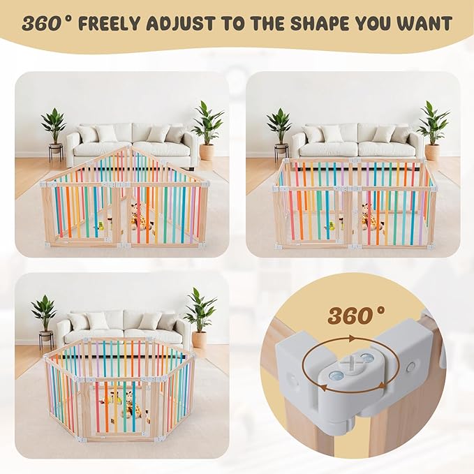 Baby Wooden Playpen, Foldable Shape & Size Adjustable Playpen for Toddler and Babies, Wood Baby Play Yard with Locking Gate, Large Pack and Play for Play Area Indoor(Multicolor, 6 Panel)