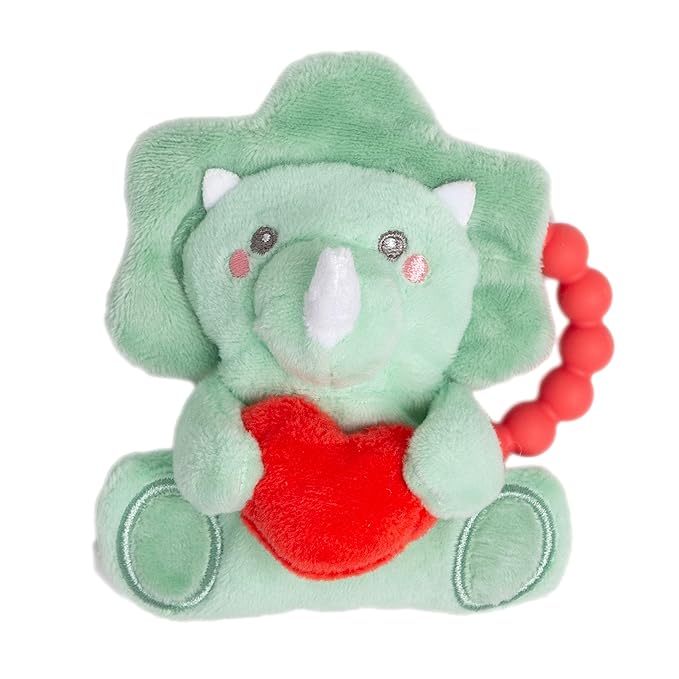 Pearhead Plush Dino Baby Teether with Crinkle Sound, Valentine's Day Gift, BPA-Free Silicone Teething Ring & Soft Sensory Rattle, Infant Gum Soother for Newborns, Dinosaur, 0 Months+