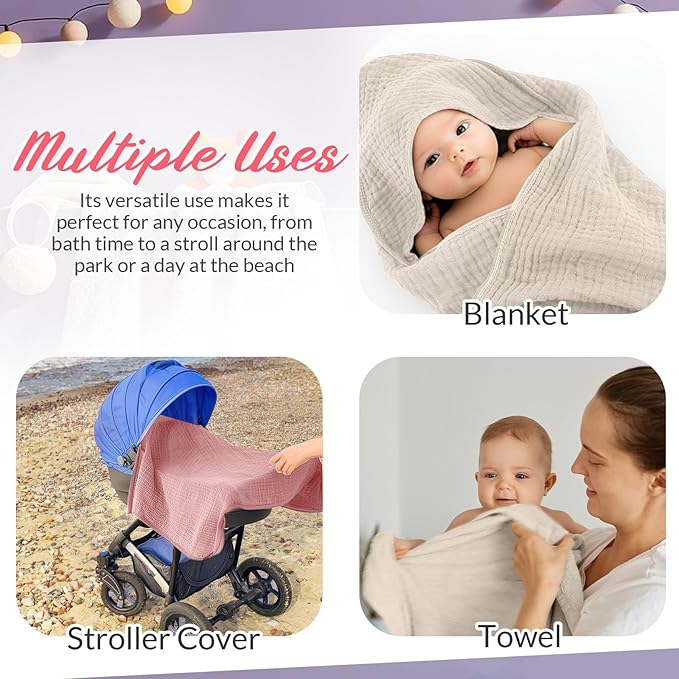6 Pcs Muslin Hooded Bath Towels Washcloths and Bibs Set, Muslin Cotton Baby Towels Absorbent Hooded Blanket Towel Infant Bibs for Boys Girls Newborn Infant Essential(Pink, Brown)