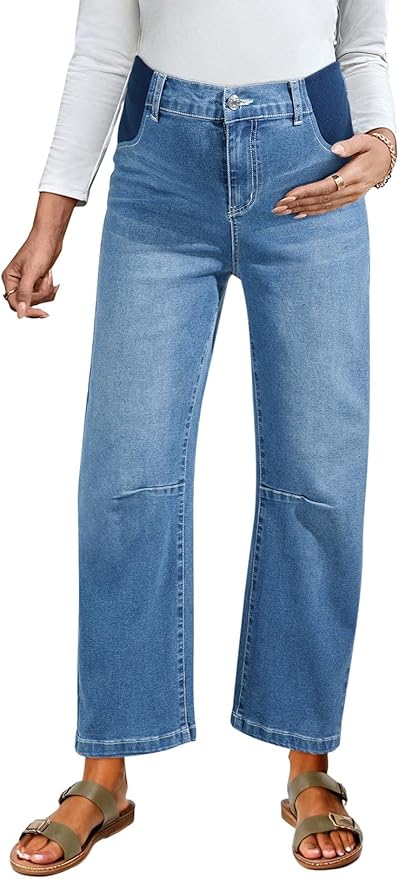 BLENCOT Women's Maternity Jeans Elastic Hight Waist Stretch Barrel Jeans Wide Leg Side Panel Pregnancy Denim Pants
