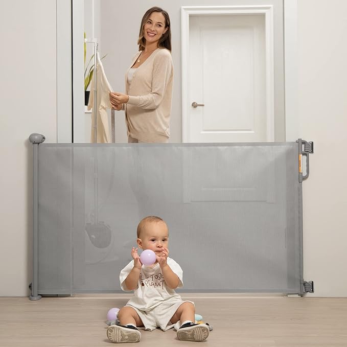 Momcozy Retractable Mesh Baby Gate or Dog Gate, Child Safety Gate for Indoor or Outdoor, 33-inches Tall with up to 55-inches Wide Extension, Avoid Skirting Installation, Grey