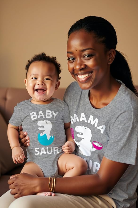Tstars Mama and Baby Saur Matching Outfit Set - Mom Shirt and Bodysuit Gift for Baby Shower or Mother's Day