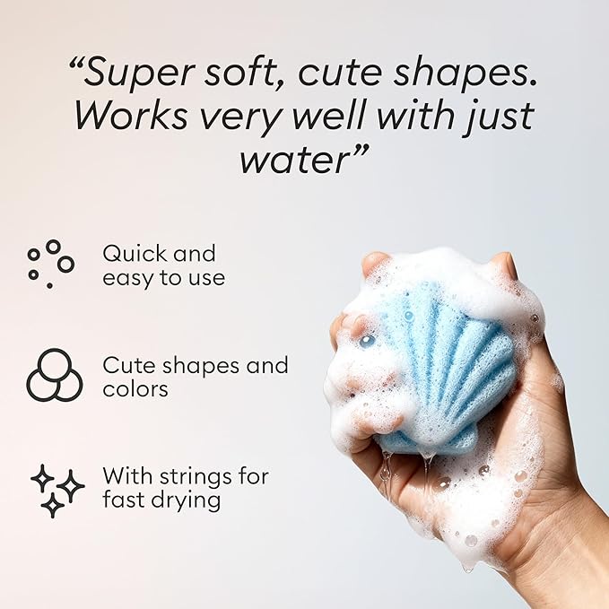 Vove Organic Konjac Baby Bath Sponges 3-Pack - Safe Natural Bath Sponges for Newborns Infants & Toddlers, Cute Ocean Shapes, Plant-Based Baby Bathing, Certified Organic