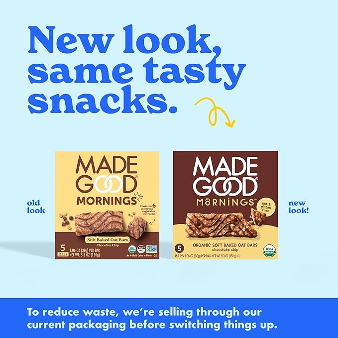 MadeGood Mornings Soft Baked Breakfast Bars, Chocolate Chip, 1.06 Oz (30 Count) Gluten Free Snacks