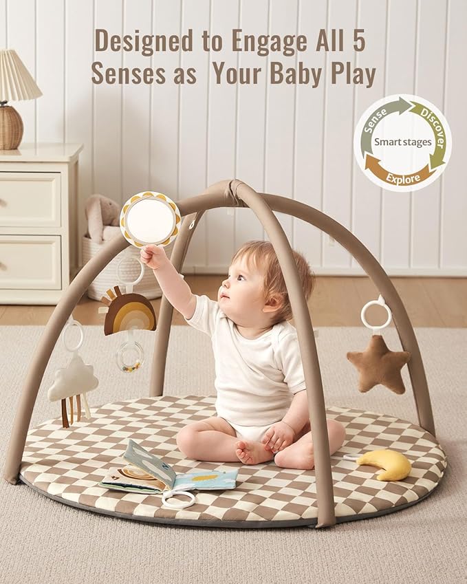 Blissful Diary Baby Play Gym Mat, Play Mat Activity Mat with 6 Detachable Toys for Stage-Based Sensory & Motor Skill Development, Easy to Install & Clean, Baby Essentials Gift, Brown Checkerboard