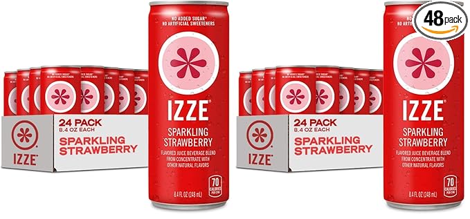 IZZE Sparkling Water Juice Beverage Blend, Strawberry, No Sugar Added, 8.4 FL OZ, 24 Cans (Pack of 2)