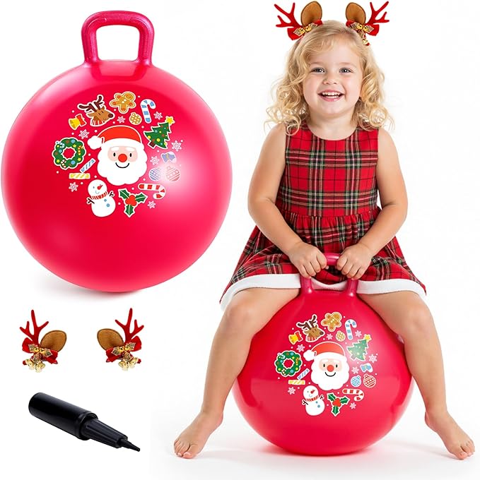 EVERICH TOY Hopper Ball for Kids 18In Sit On Bouncy Balls with Handle for Indoor Outdoor Active Play, Red Christmas Inflatable Boys Girls Gifts for 4 5 6 7 8 Years Old with Christmas Reindeer Ears