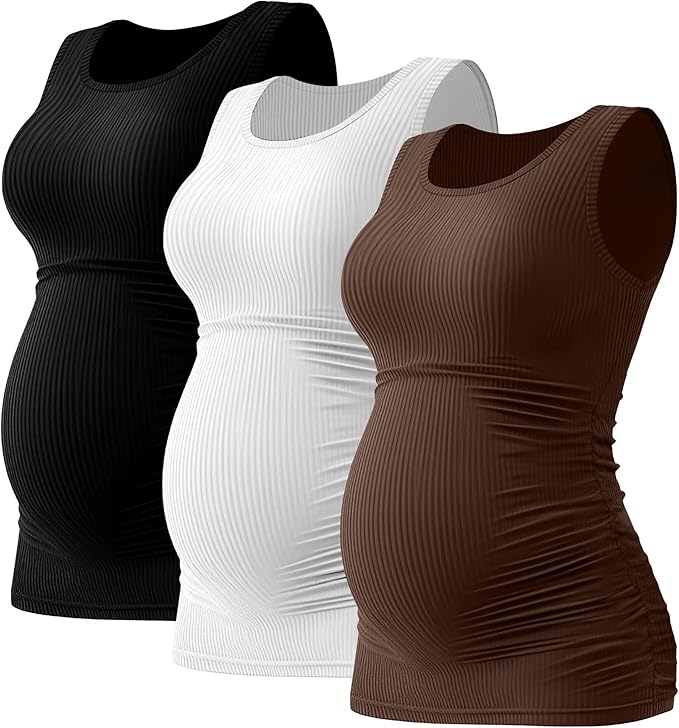 Riyiper 3 Pack Women's Maternity Tank Tops, Sleeveless Cotton Pregnancy Shirts Ribbed Knit Sides Ruched Basic Mama Clothes