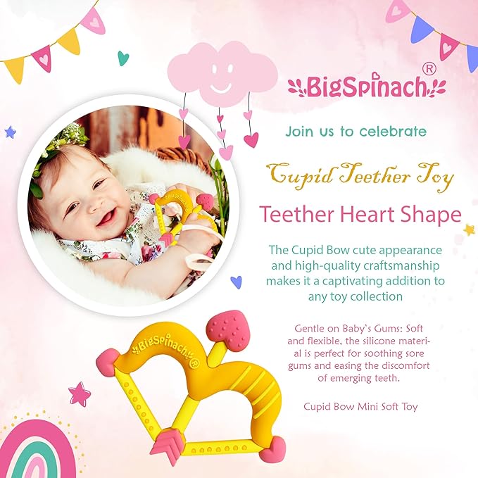 Teethers Heart Shape Silicone Baby Teether Toy Easy for Little Hands to Hold,Cupid Bow and Arrow Soft Teething Toy for Infants,Valentine's Gift for Girl or Boy (Yellow)
