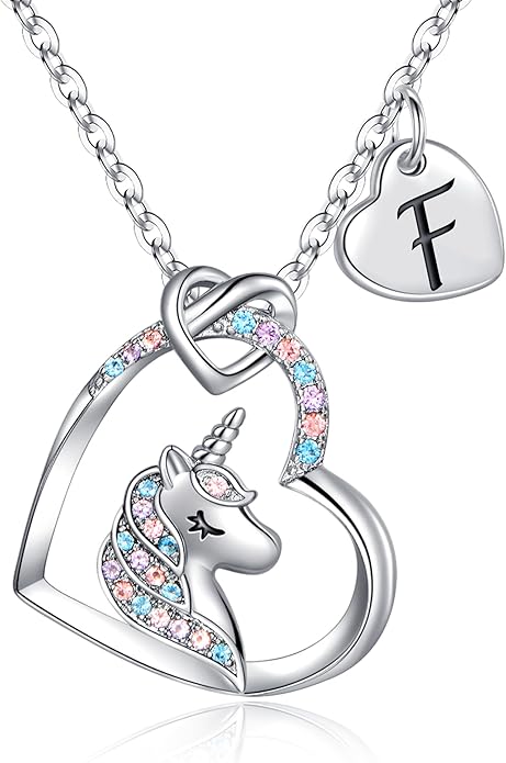 Hidepoo Valentines Gifts for Kids Girls - Unicorn Necklace Gifts for Teen Girls Kid, Colorful CZ Heart Pendant Initial Unicorn Necklaces for Girl Jewelry Birthday Gift for Girl Kid