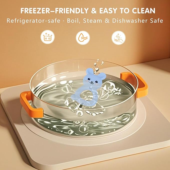 Silicone Bunny Baby Teether Toy for 3-12Months, Easy-Grip Chew Toy with Textured Ears for Sensory Exploration, Food-Grade Silicone, Freezable & Dishwasher Safe (Blue)