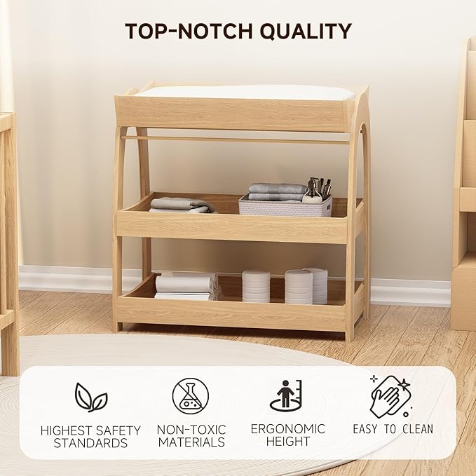 Baby Changing Table, Wood Diaper Changing Table with 2-Tier Storage Shelves, Wooden Baby Changing Station for Nursery, Modern Changing Table Dresser