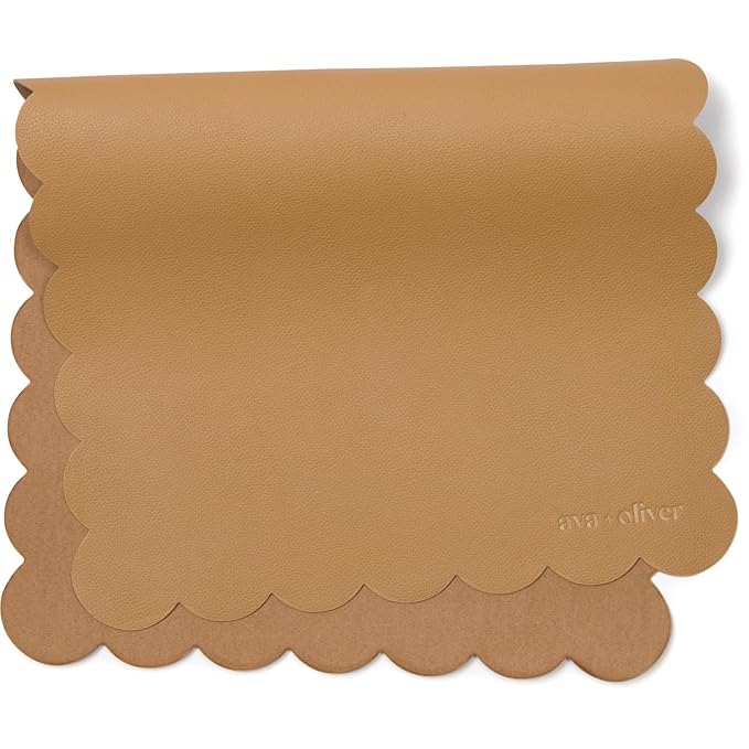 Ava + Oliver Vegan Leather Baby Changing Mat (16 X 30 in) - Multipurpose Wipeable and Portable Diaper Mat - Foldable for Travel (Tan Scallop)