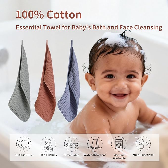 Baby Washcloths and Burp Cloths,20 x 10 Inches,Perfect as bath towels,face cloths,spit-up rags,burp cloths,and more. Suitable for newborns,infants,and toddlers.(Sand Red,Emerald Green,Milan)