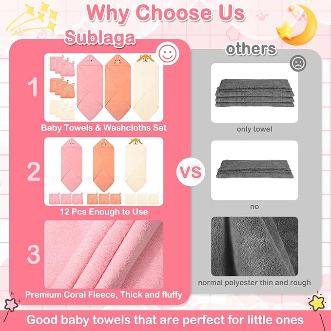 31x31 Inch Baby Hooded Towels, 12Pcs Baby Towels and Washcloths Set, Soft and Absorbent Baby Bath Towels, 3 PCS Cute 32x32 in Baby Towel with Hood and 9 Pcs Baby Washcloths for Boys and Girls