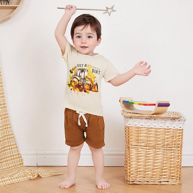 Toddler Baby Boy Clothes Summer Short Sleeve Trucks Tractors Print T-Shirt Tops Solid Color Shorts Set Casual Outfit