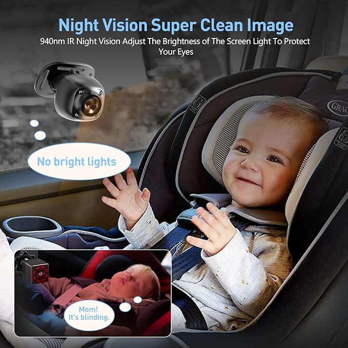 USB Baby Car Camera Plug-Play，4.3" HD Night Vision Function Car Mirror Display，360 Rotation Rear Facing Baby Monitor with Camera Night Vision，Wide Clear View，Easily Observe The Baby's Move，Dark Black