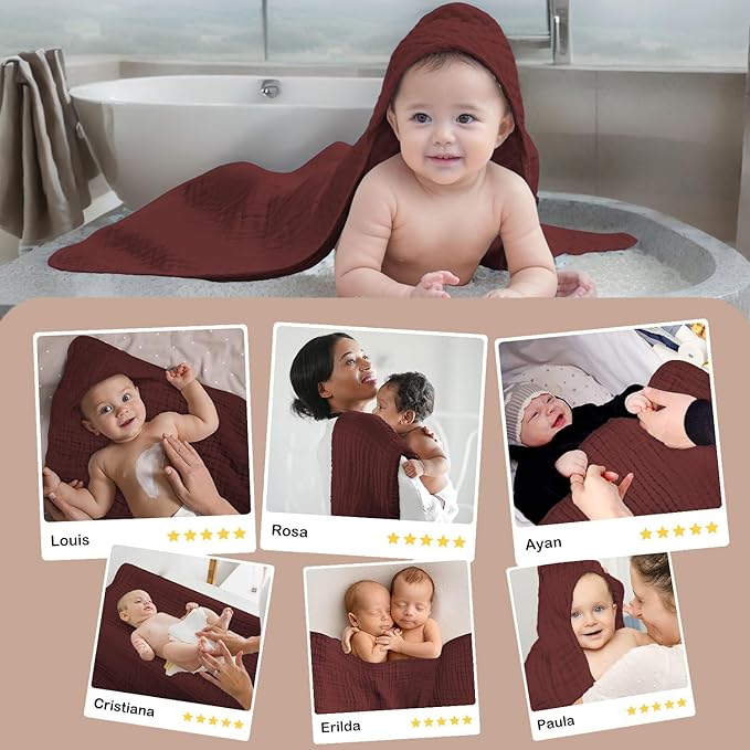 Hooded Baby Towels for Newborn, Absorbent 100% Cotton Muslin Baby Bath Towel for Boys and Girls, Baby Towels with Hood for Babies (WineRed & Pink & White)