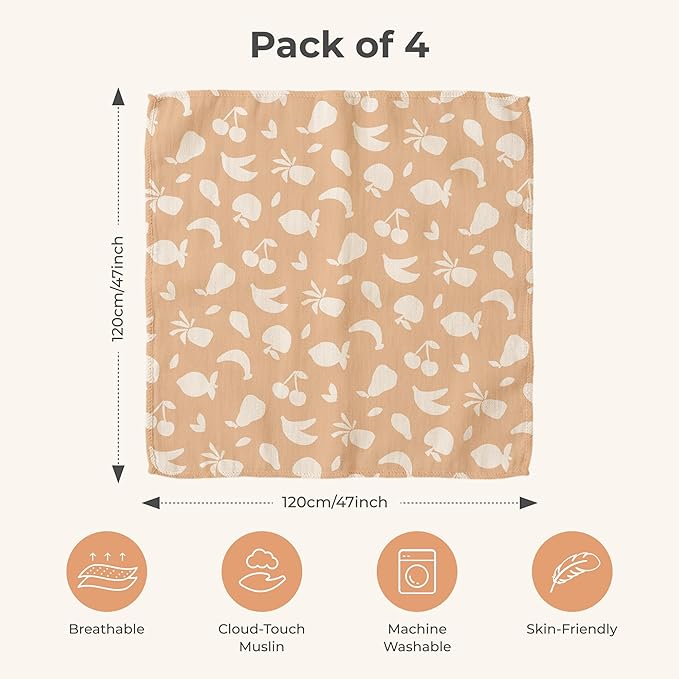 Momcozy Muslin Swaddle Blankets, Ultra Soft Neutral Registry Essentials, 47'' x 47'' Breathable Large Receiving Blanket, Newborn Essentials Must Haves, Baby Boys Girls Shower Gifts, Fruits Party